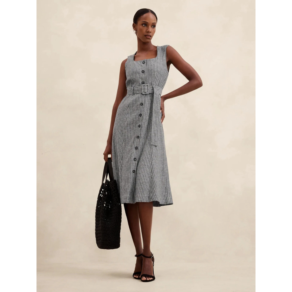 Banana Republic Gray Pinstripe Midi Dress with Belt